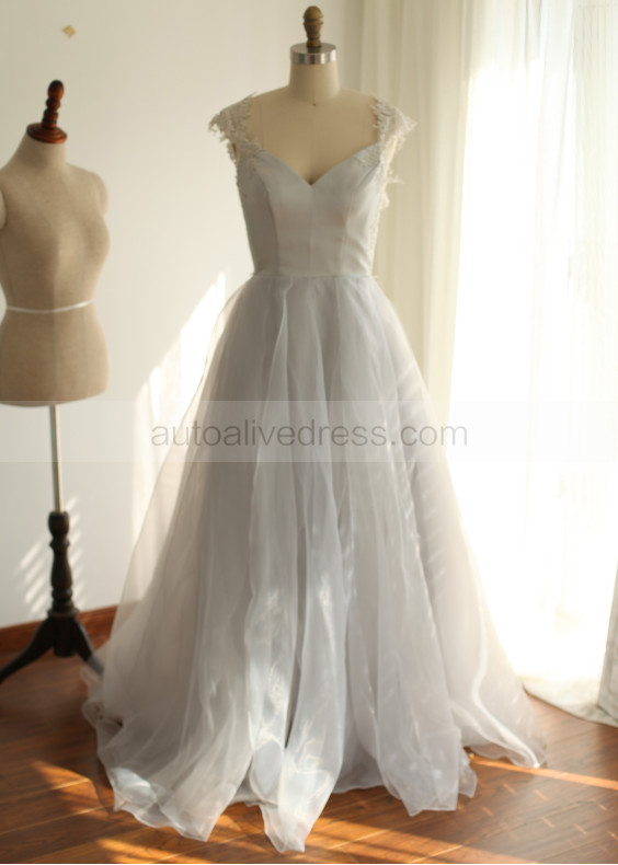 Light Gray Lace Organza Cut Out Back Unique Prom Dress